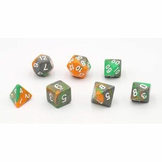 Dobbelstenen Triple Oranje/Groen/Grijs Polydice (7 stuks)