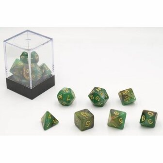 Dobbelstenen Stardust Groen/Amber Polydice (7 stuks)