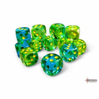 Dobbelstenen D6 (16mm) Translucent Gemini Groen-Teal/Geel (12x)