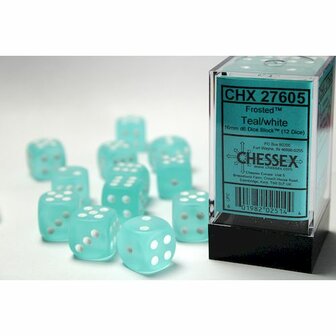 Dobbelstenen D6 (16mm) Frosted Teal/Wit (12x)