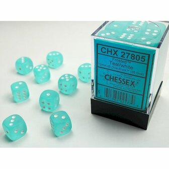 Dobbelstenen D6 (12mm) Frosted Teal/Wit (36x)