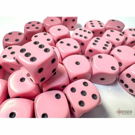 Dobbelstenen Opaak Pastel Roze/Zwart - D6 - 12mm - 36 stuks